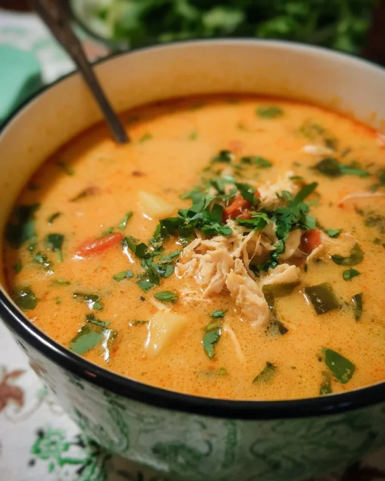 Bowl of coconut curry chicken soup garnished with herbs and spices