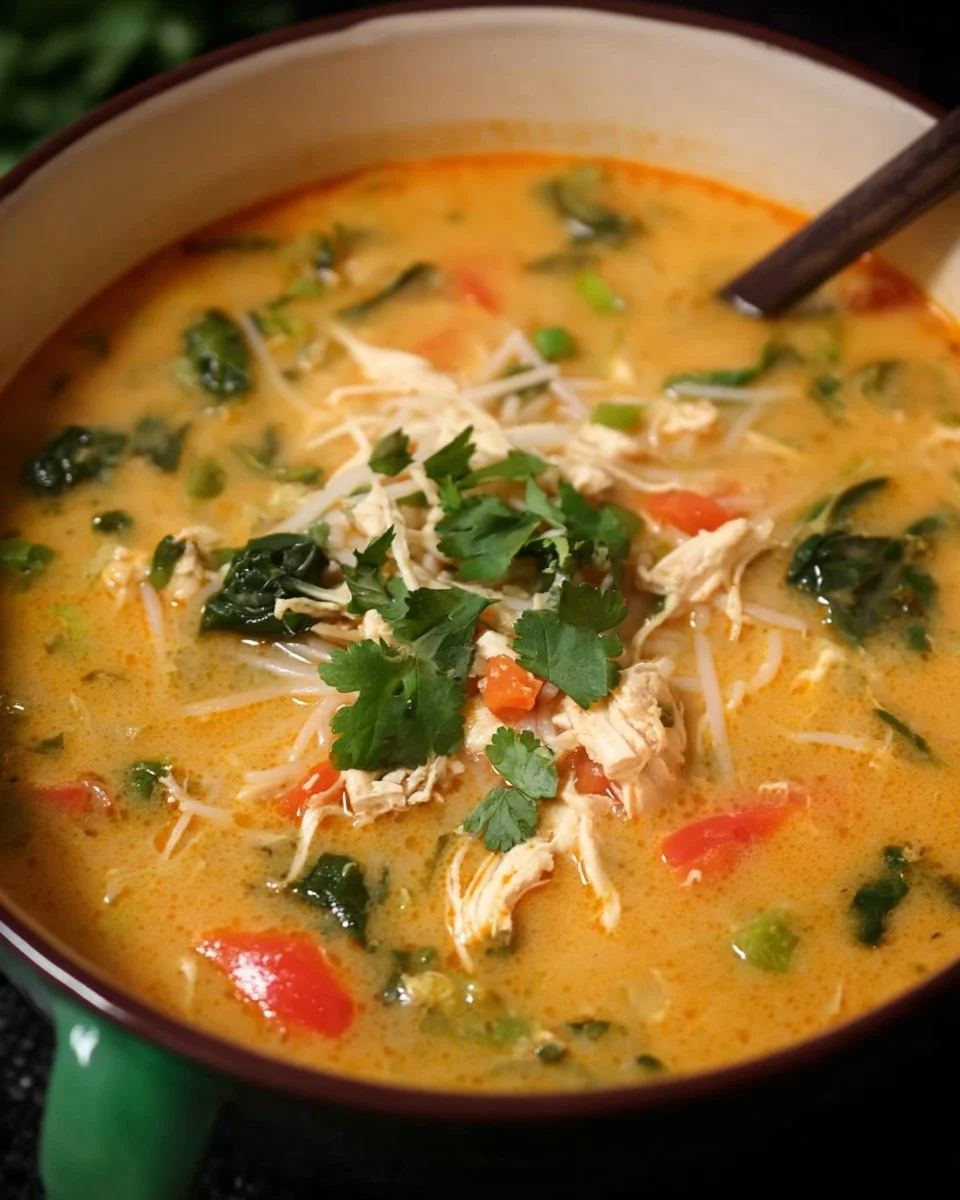 Bowl of Coconut Curry Chicken Soup with fresh herbs and spices.