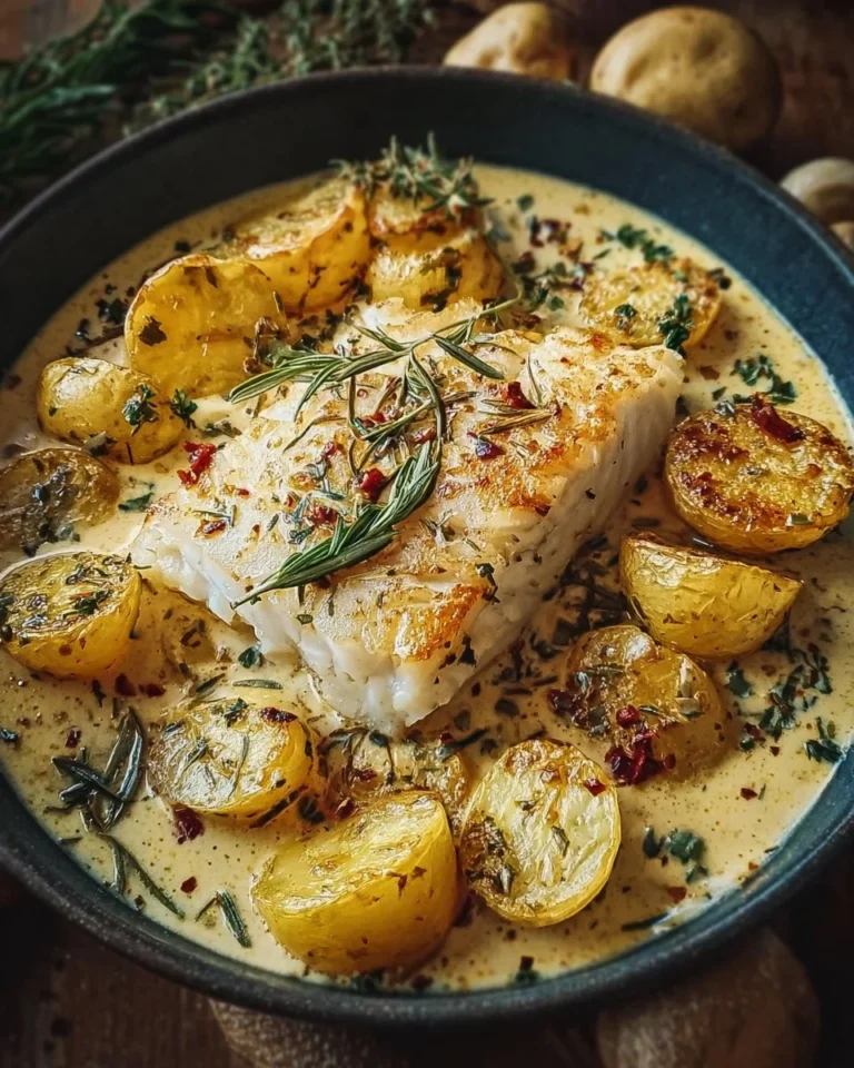 Delicious cod and potatoes served in creamy rosemary sauce