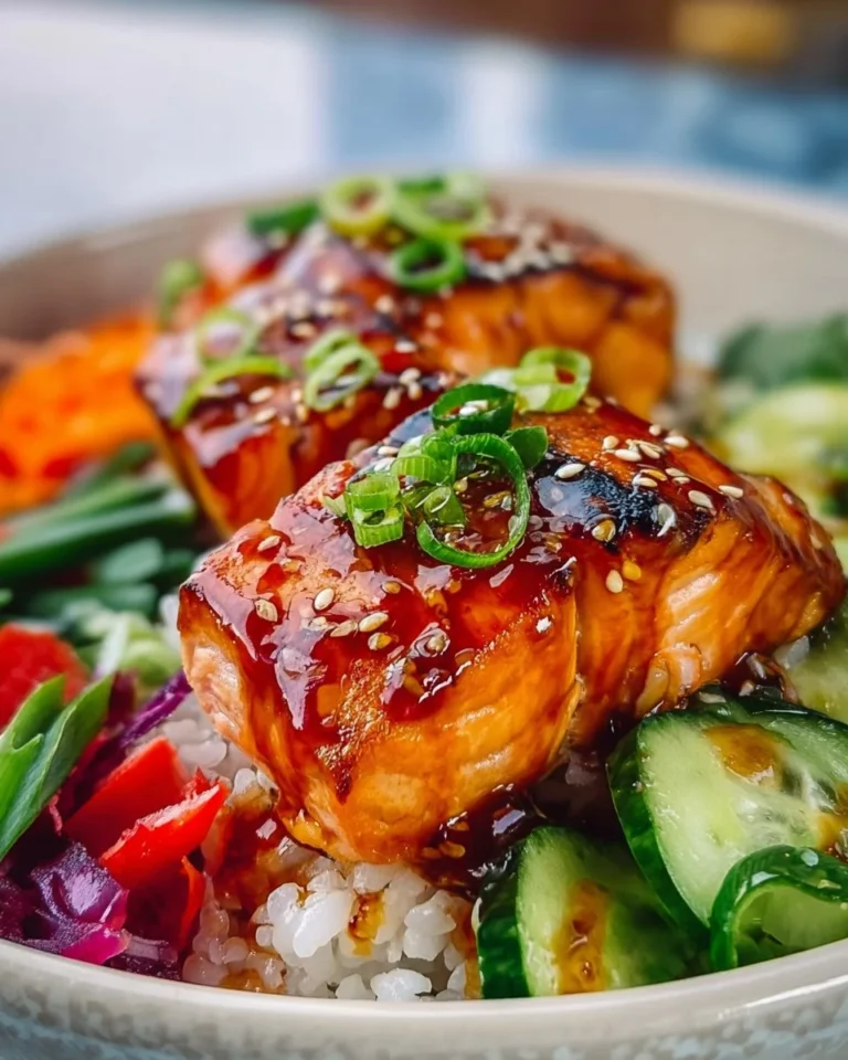 Colorful Honey Sriracha Salmon bowl with vibrant vegetables and a spicy glaze