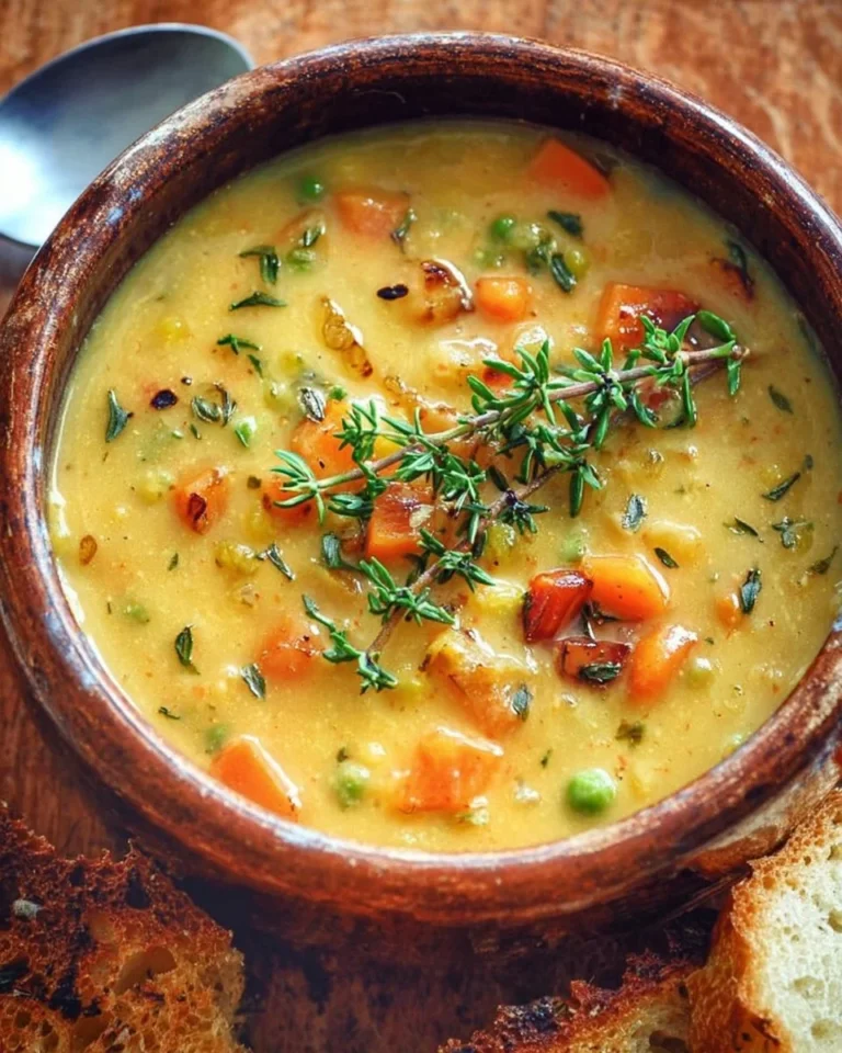 A bowl of comforting one-pot creamy vegetable soup topped with herbs.