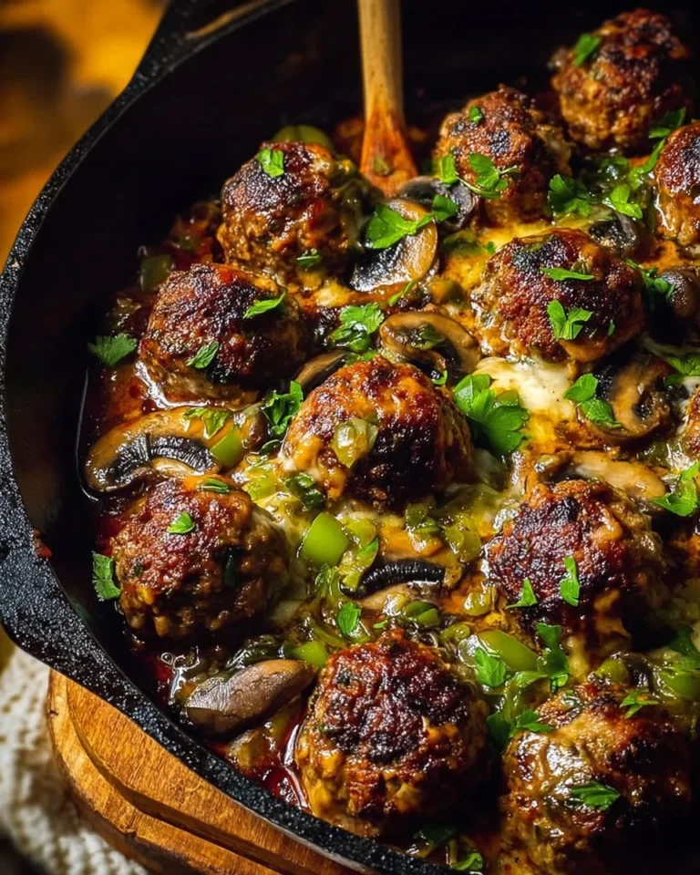 Cowboy Cheesy Green Chile Meatballs served on a plate, topped with cheese and green chiles.