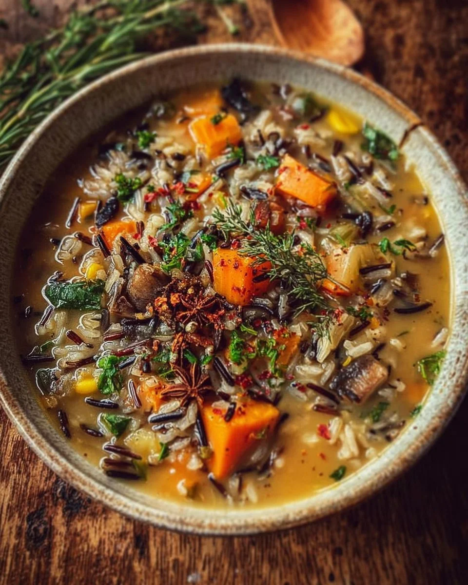 Bowl of cozy autumn wild rice soup garnished with herbs and vegetables