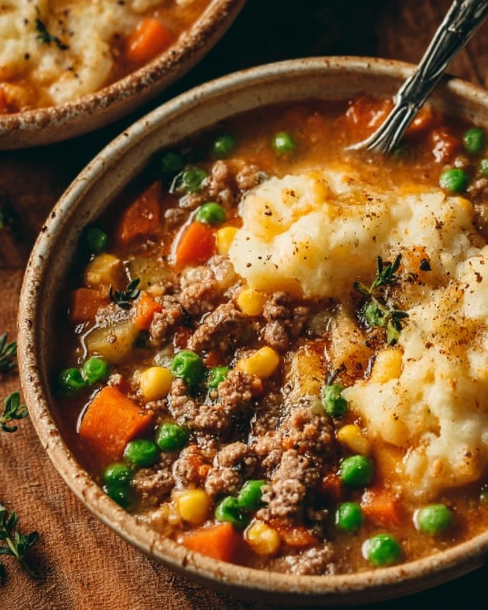 Bowl of cozy Shepherd's Pie Soup with vegetables and mashed potatoes