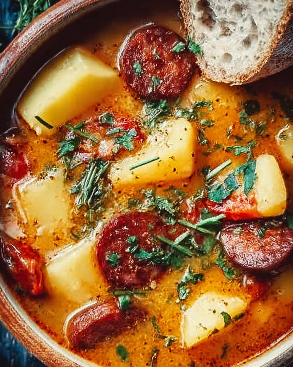 Cozy Spanish Potato Soup with Chorizo in a bowl garnished with fresh herbs