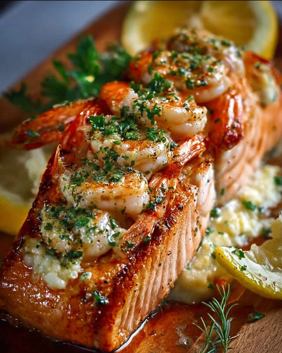 Delicious crab shrimp stuffed salmon plated with fresh herbs and lemon.