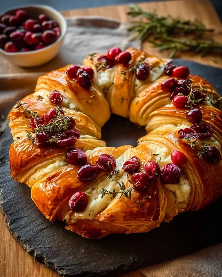 Festive Cranberry Brie Crescent Wreath with golden crescent rolls and juicy cranberries.