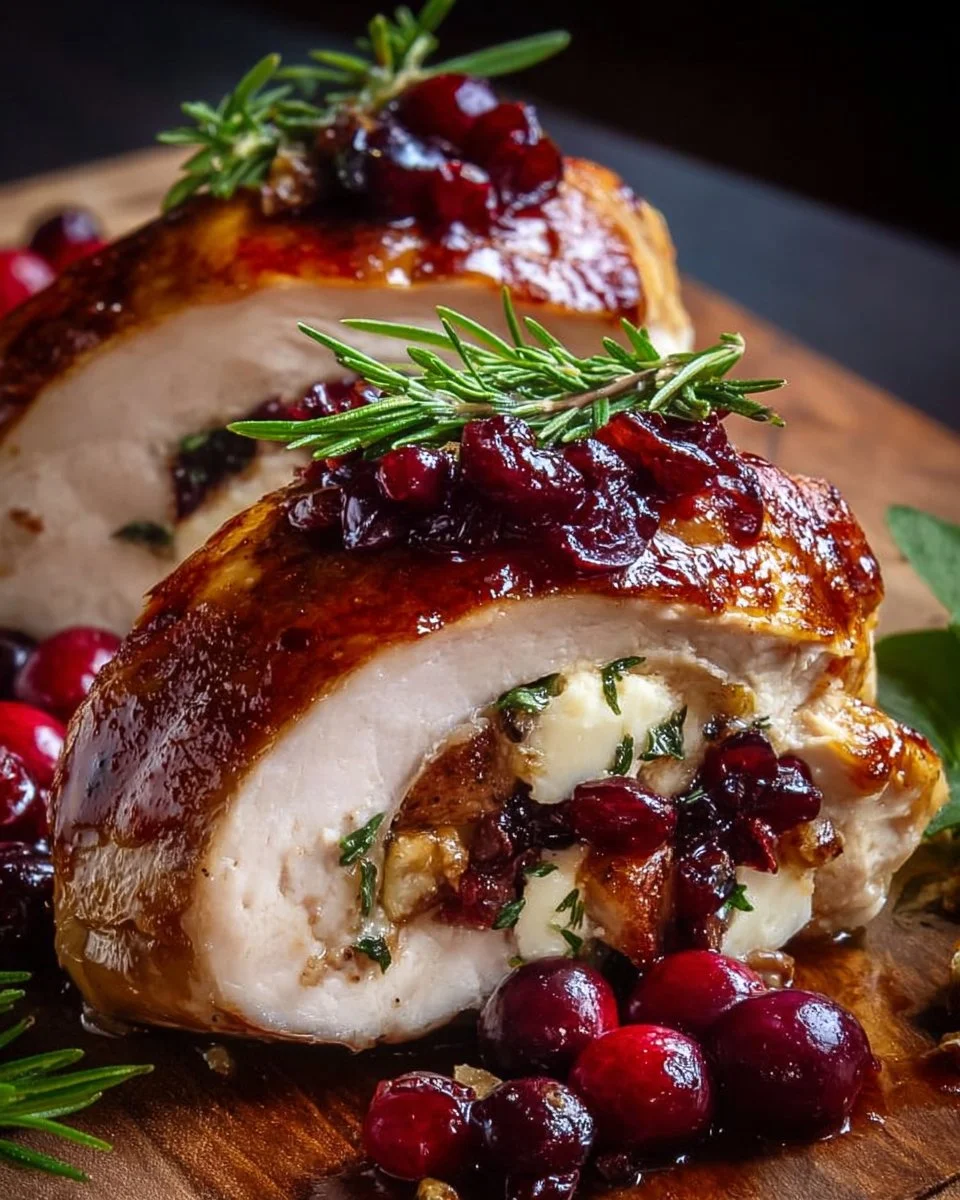 Delicious Cranberry Brie Stuffed Chicken served on a plate with a garnish.