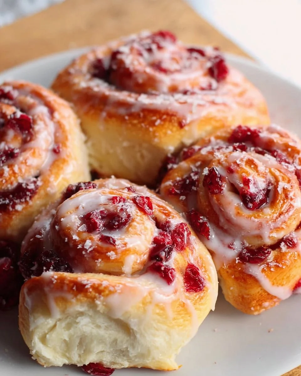 Freshly baked cranberry orange sweet rolls topped with glaze