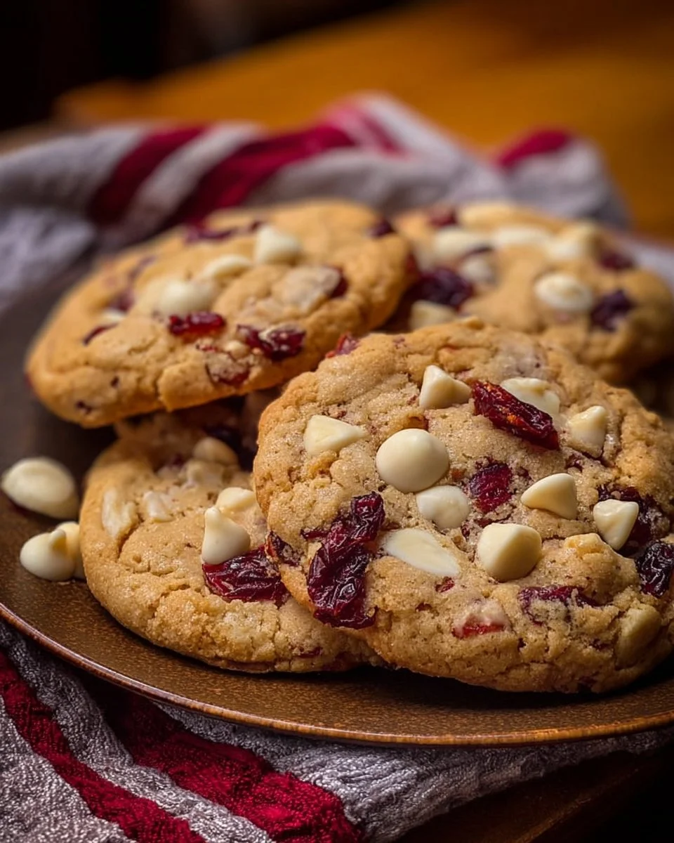Cranberry White Chocolate Chip Cookies freshly baked on a plate
