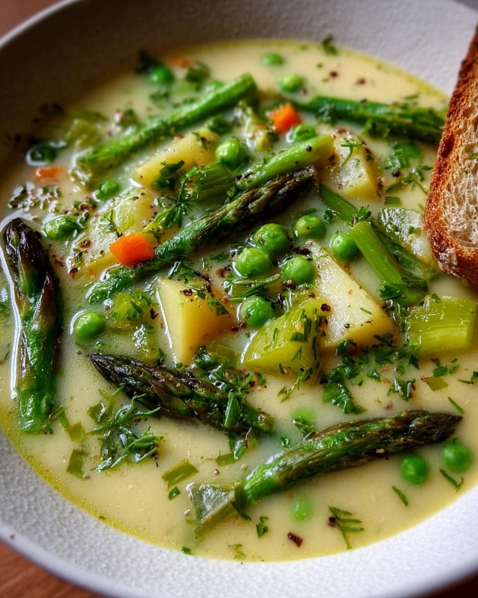 Bowl of Cream of Spring Vegetable Soup made with fresh seasonal vegetables
