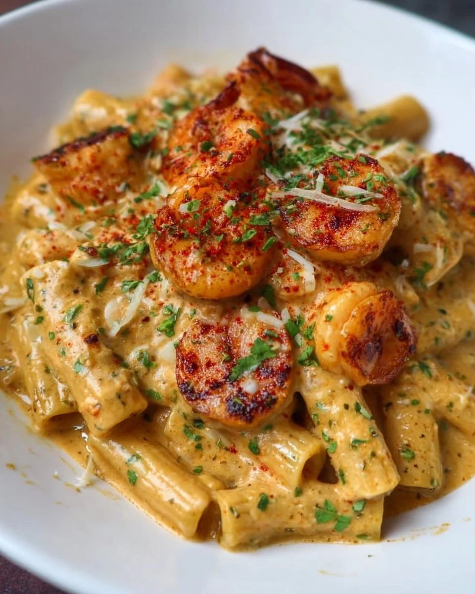 Delicious creamy Cajun shrimp pasta garnished with fresh herbs