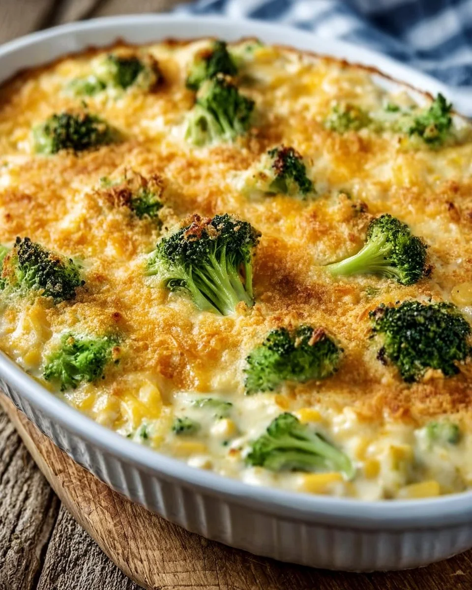 Creamy Cheesy Broccoli Casserole baked to perfection