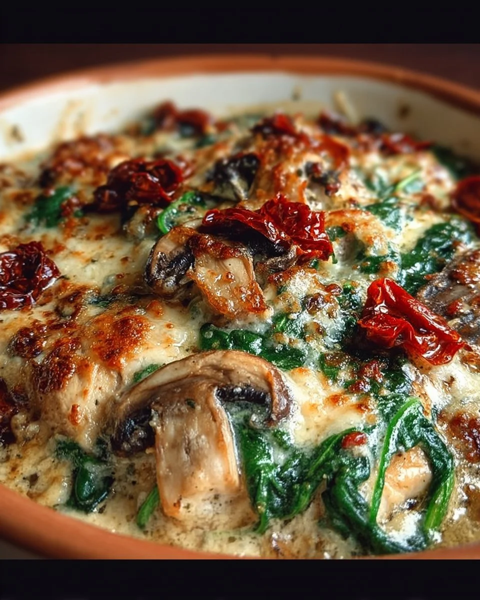 Delicious creamy chicken and mushroom bake served in a rustic dish