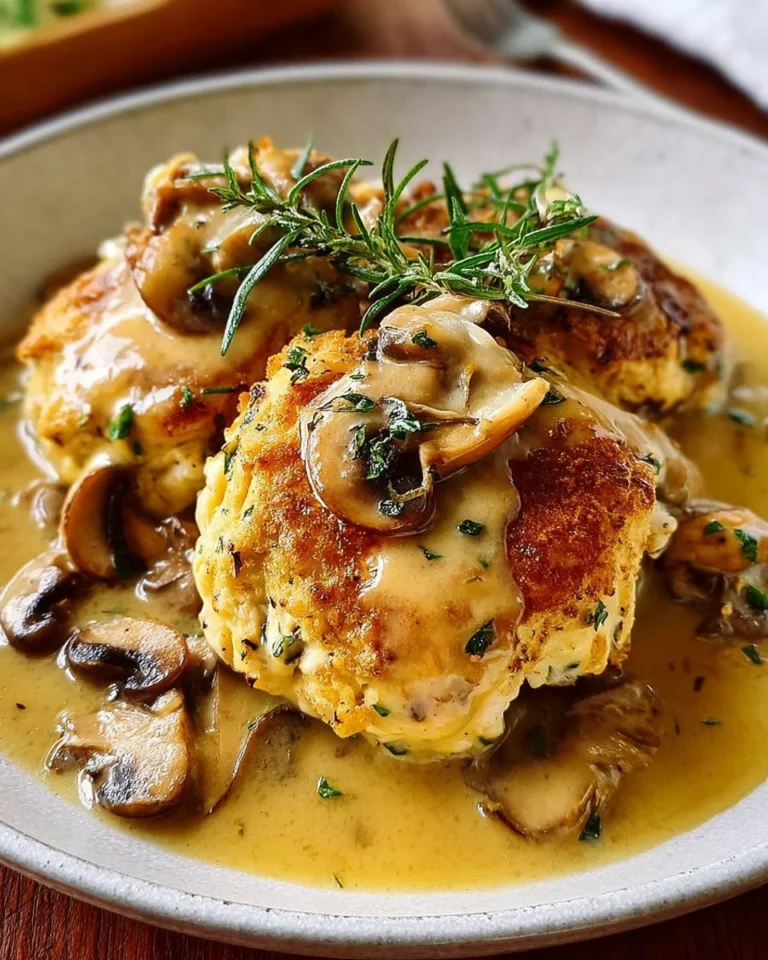 Creamy chicken and mushroom pillows served with savory gravy on a plate.