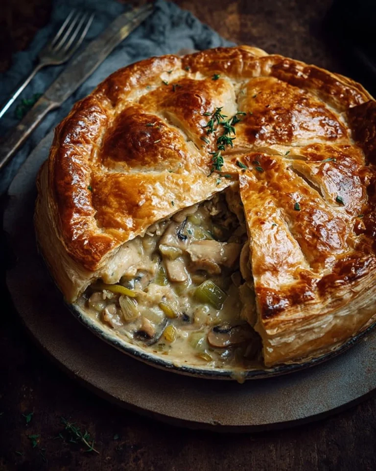 Creamy chicken mushroom pie with leeks in flaky puff pastry