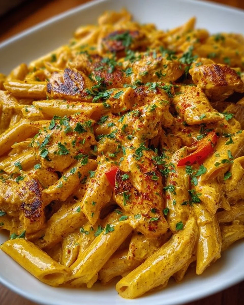 Creamy chicken pasta served in a bowl with herbs and grated cheese on top.