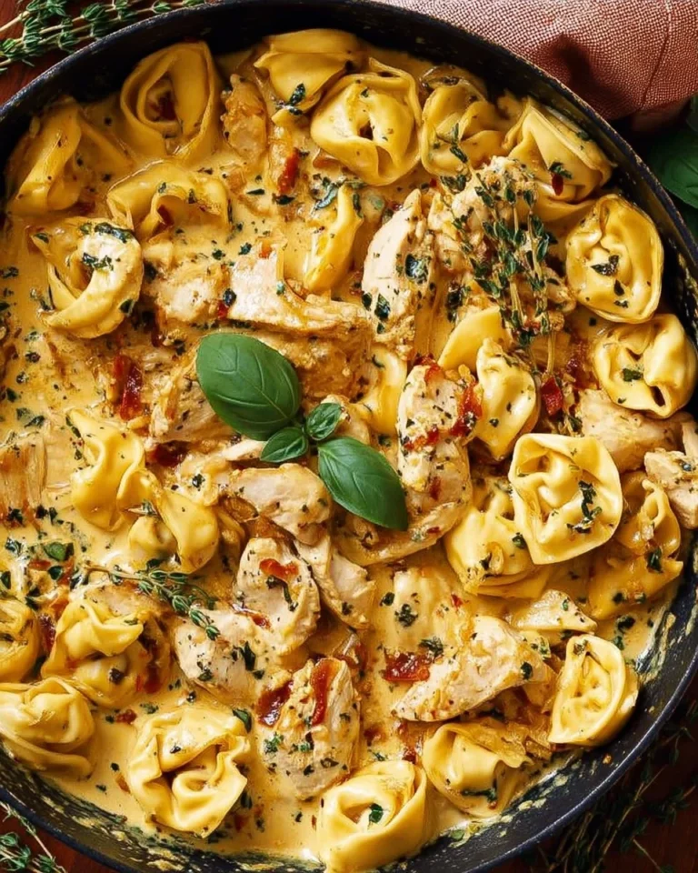Bowl of creamy chicken tortellini topped with herbs and parmesan cheese