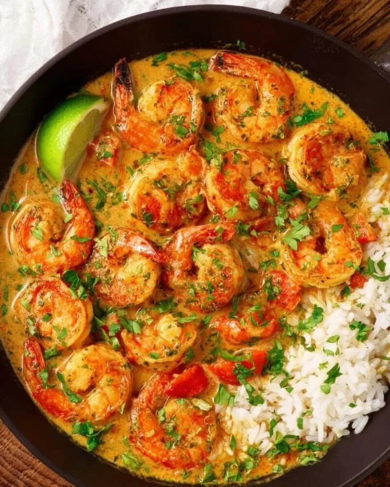 Delicious creamy coconut curry shrimp skillet served with rice