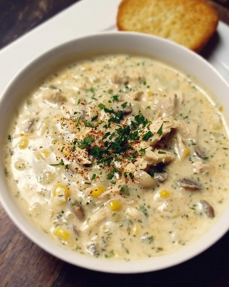 A bowl of creamy soup garnished with herbs and croutons, showcasing comfort food.