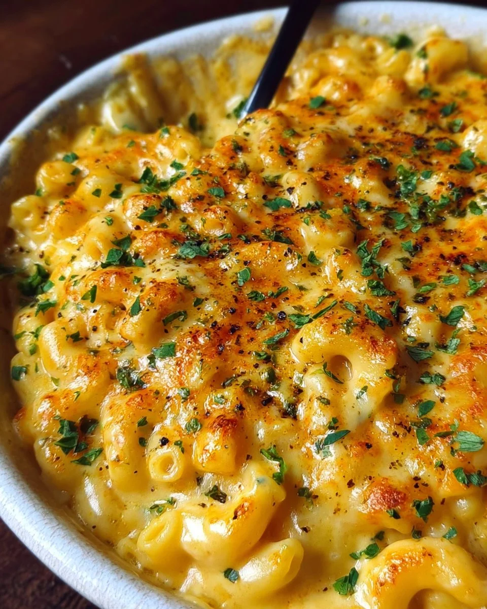 Creamy four cheese mac and cheese topped with a golden crust