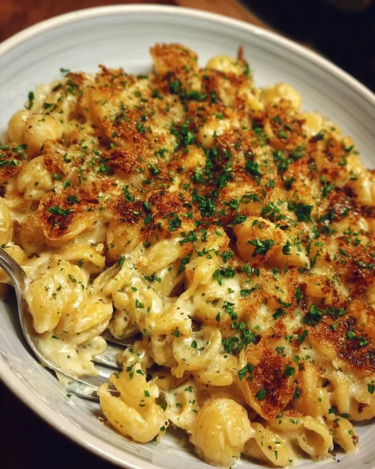 Bowl of creamy French onion soup pasta topped with cheese and herbs