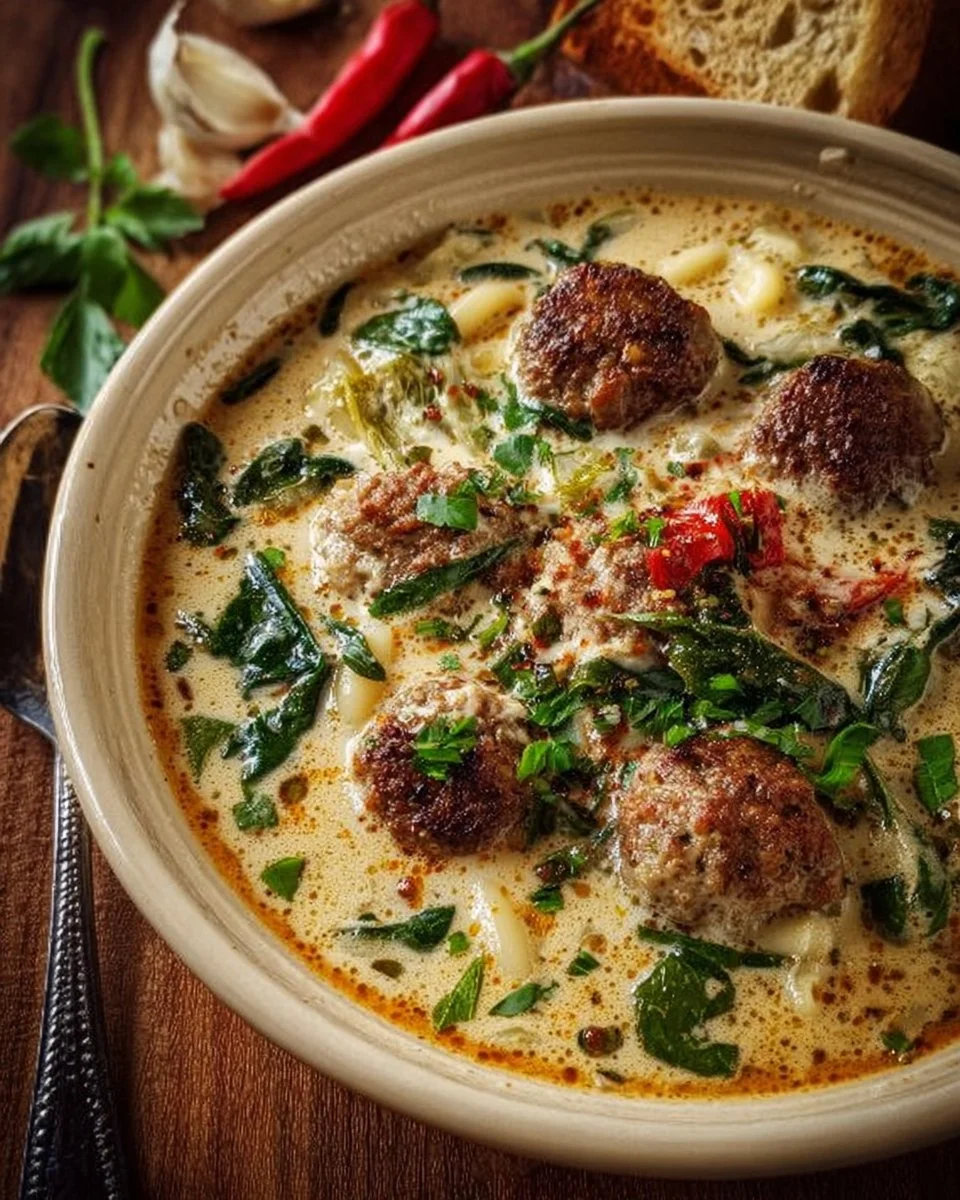 Bowl of creamy Italian Meatball Soup with herbs and ingredients
