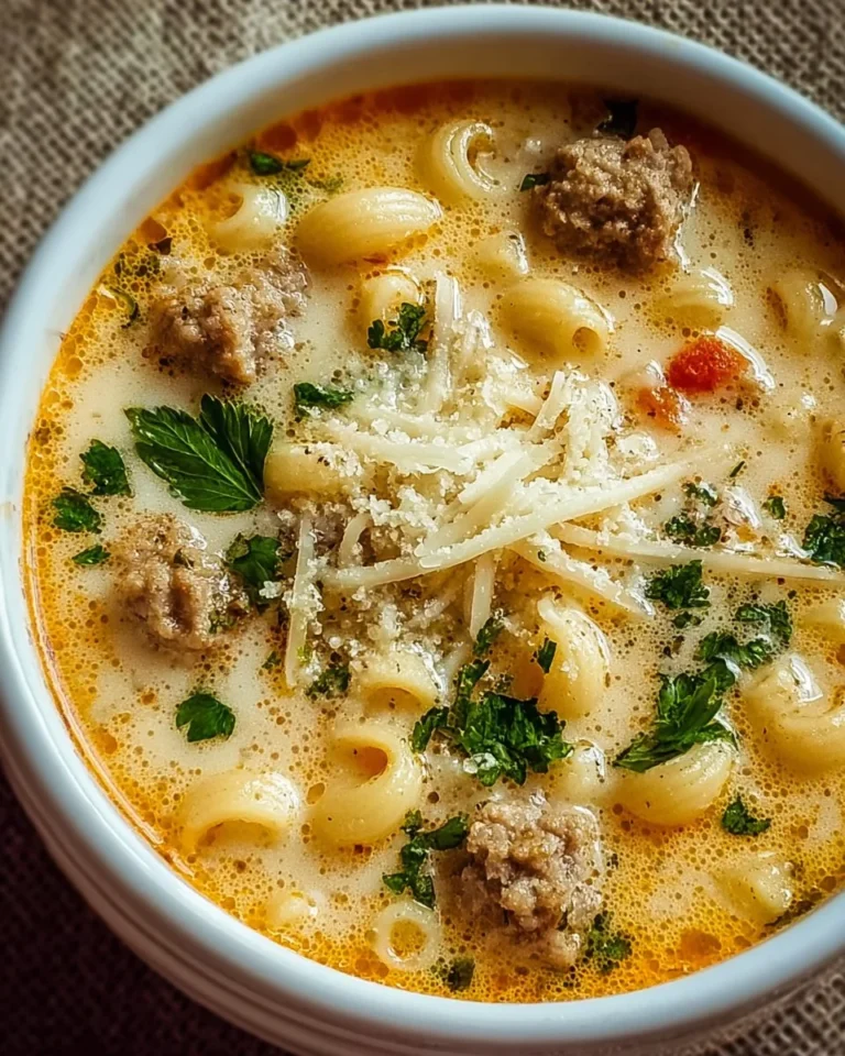 Bowl of creamy Parmesan Italian sausage ditalini soup garnished with parsley