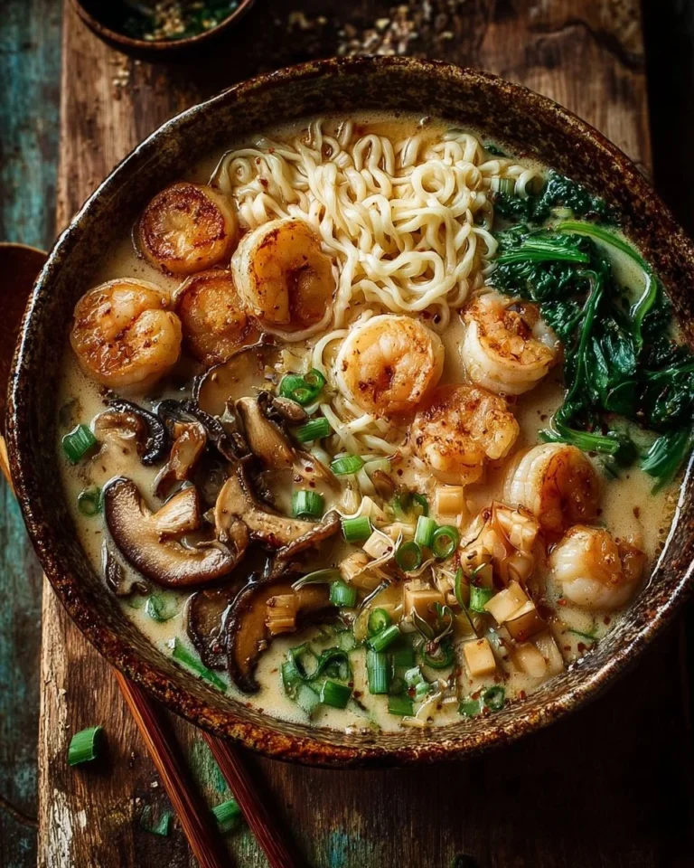 Bowl of creamy peanut shrimp and mushroom noodle soup garnished with herbs.