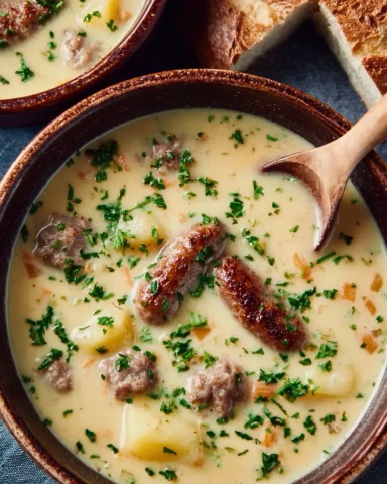 Bowl of creamy sausage potato soup garnished with herbs