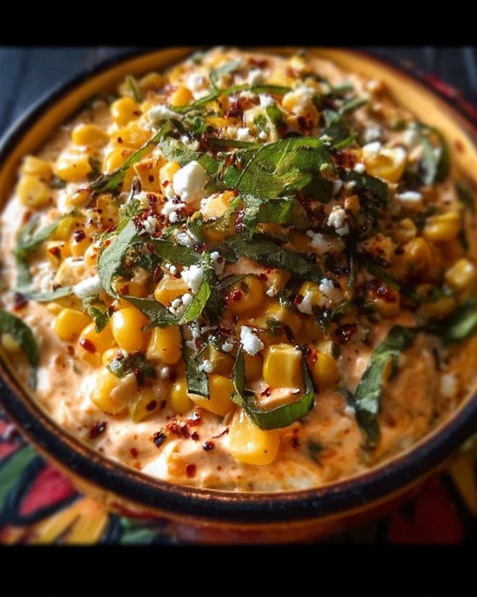 Creamy spicy pepper dip with roasted corn in a bowl