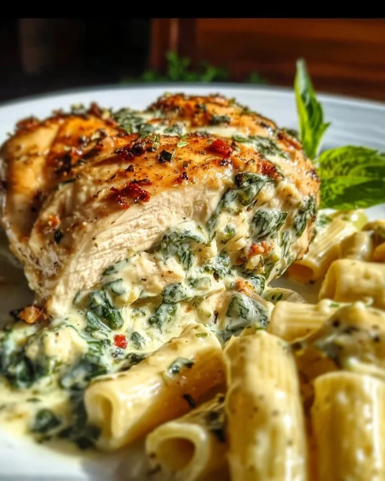 Creamy stuffed chicken served with spinach rigatoni on a plate