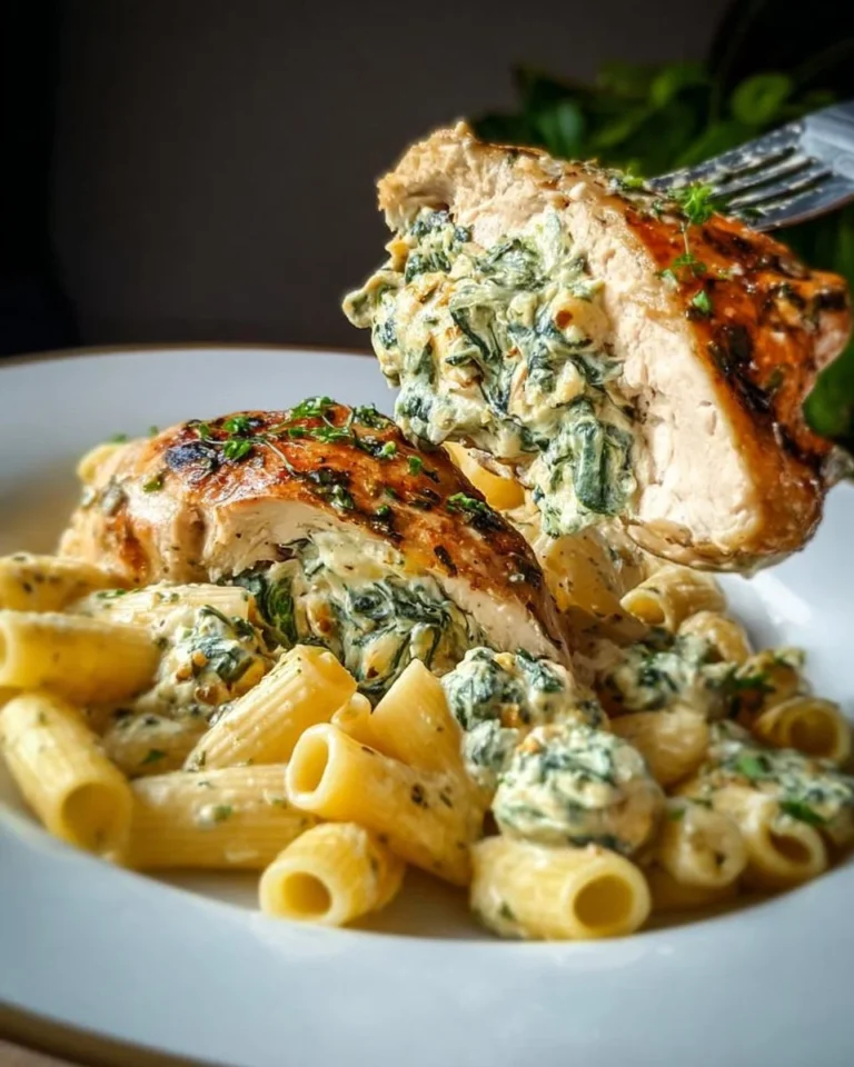 Creamy stuffed chicken served with spinach rigatoni pasta dish