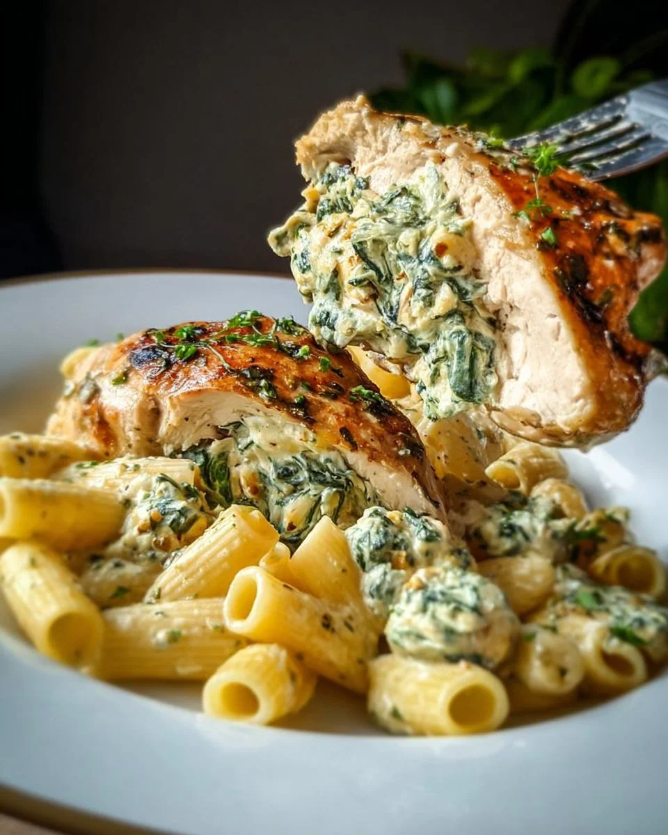 Creamy stuffed chicken served with spinach rigatoni pasta dish
