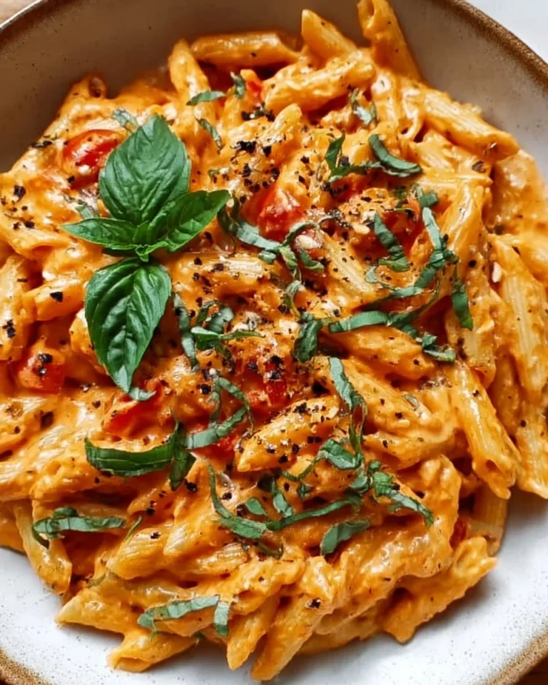 Creamy tomato pasta dish served in a bowl with fresh basil garnish