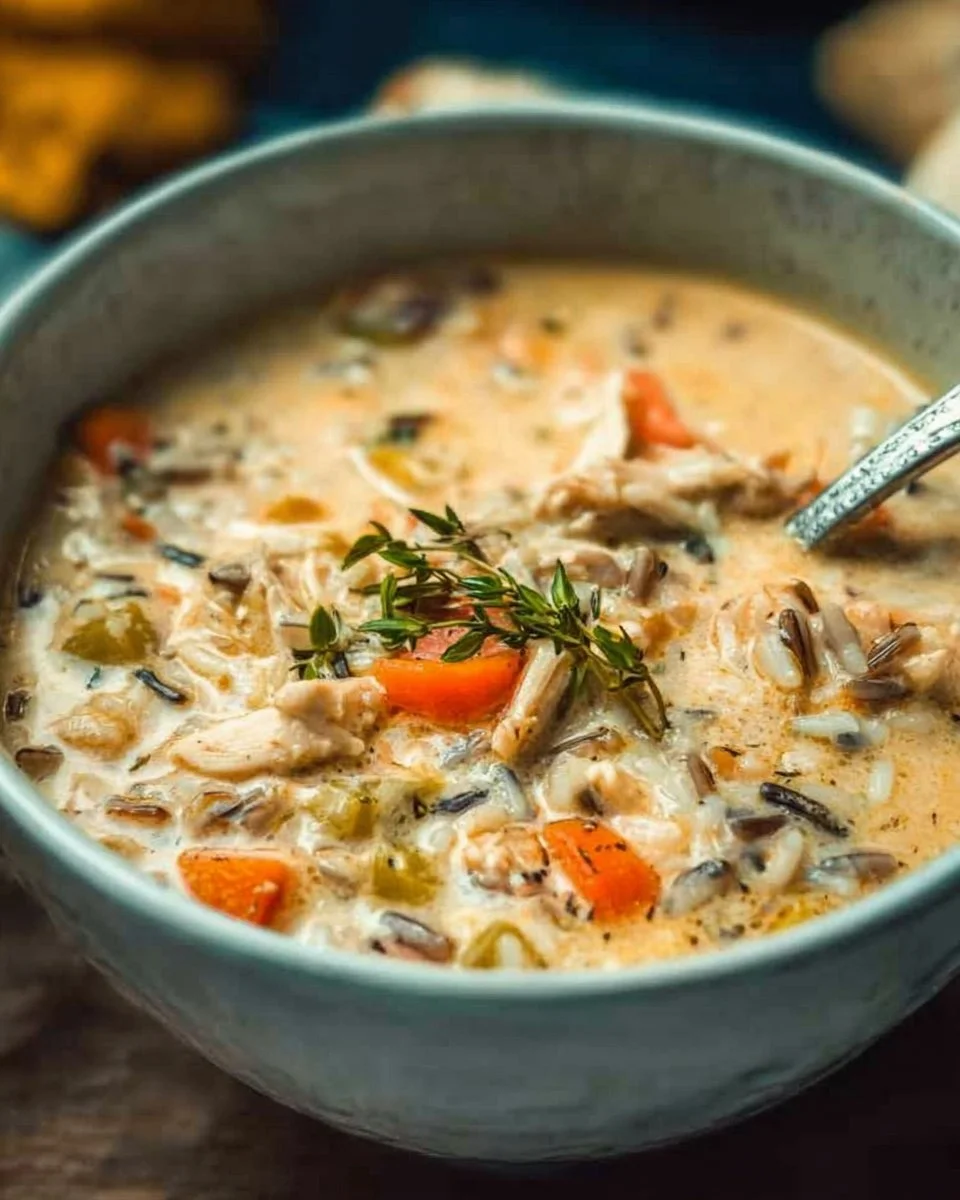 Bowl of creamy turkey wild rice soup garnished with herbs and vegetables