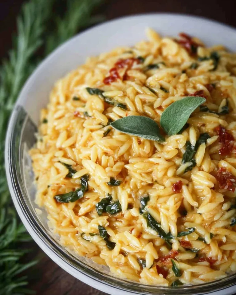 Creamy Tuscan Orzo pasta dish with rich sauce and fresh ingredients
