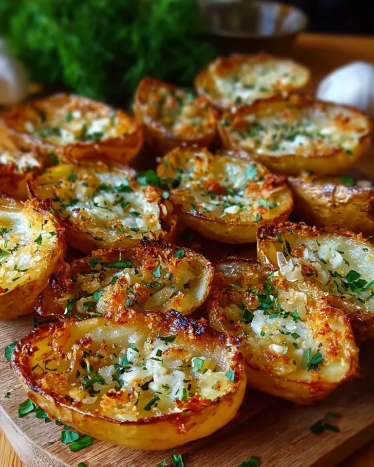 Crispy garlic herb roasted potato skins garnished with fresh herbs.