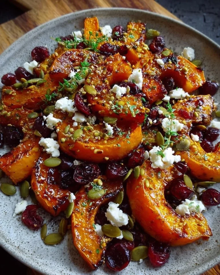 Bowl of crispy honey-roasted butternut with herbs on a wooden table.