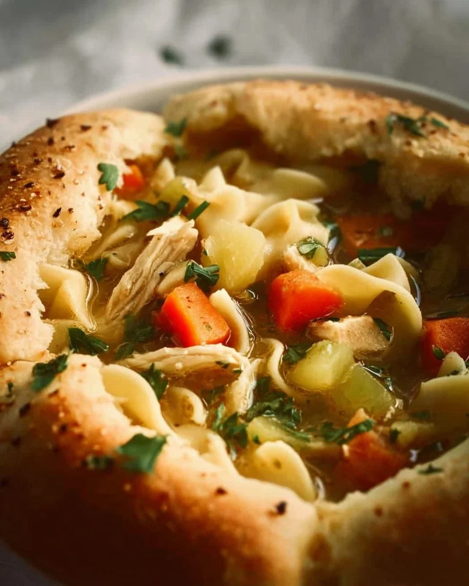 Bowl of delicious Crockpot chicken noodle soup with vegetables and noodles