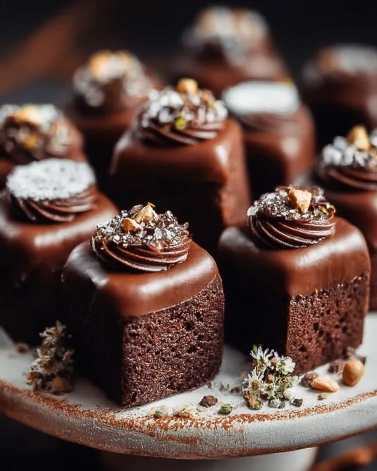 Plate of decadent brownie petit fours topped with chocolate glaze and sprinkles