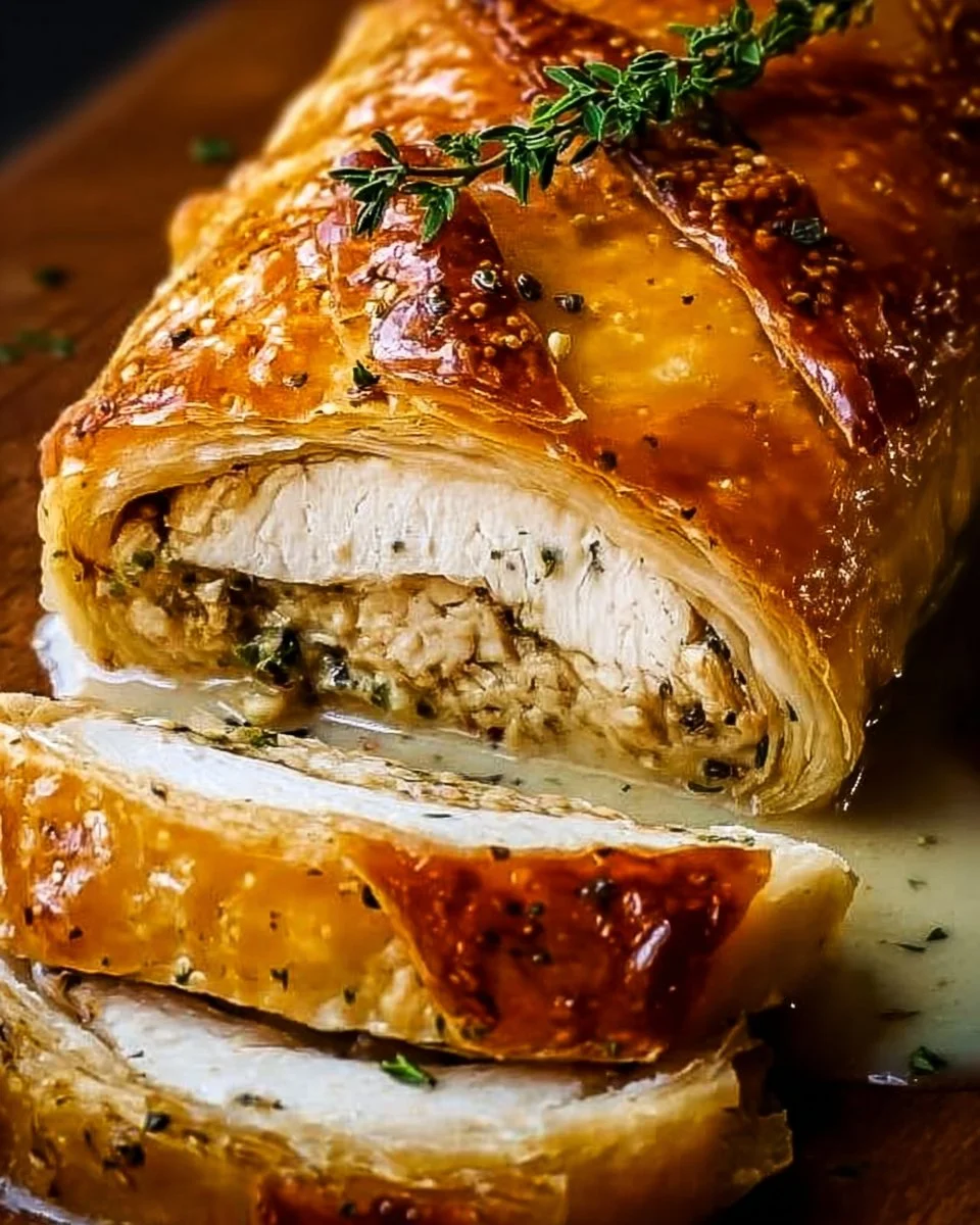 Homemade Chicken Wellington served on a plate, perfect for date night dining.