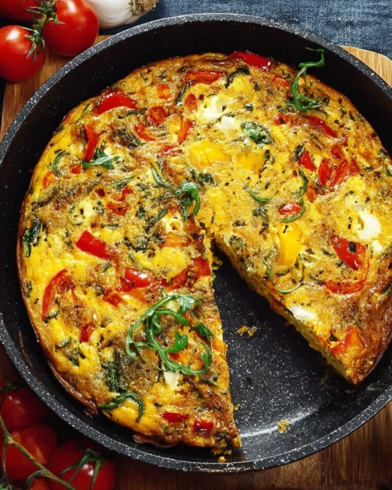 Deliciously fluffy veggie frittata with fresh vegetables and herbs.