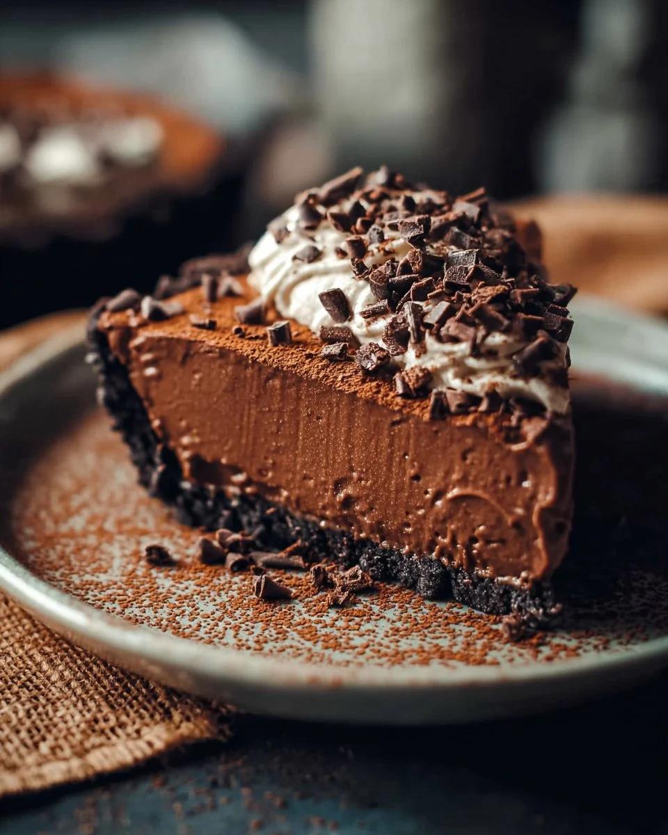 Delicious Double Chocolate Cream Pie topped with whipped cream and chocolate shavings