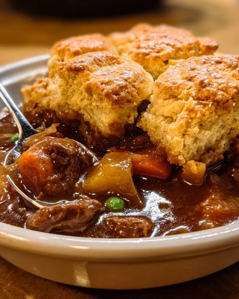 Delicious easy beef cobbler served in a rustic dish with fresh herbs