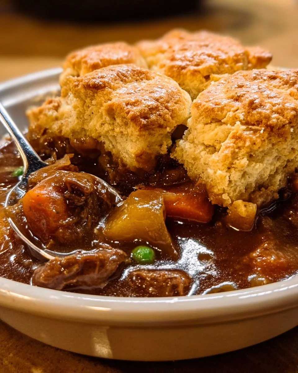 Delicious easy beef cobbler served in a rustic dish with fresh herbs