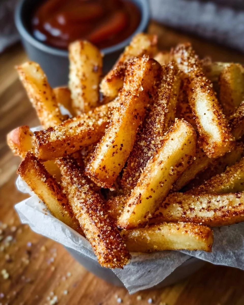 Crispy air fryer apple fries served on a plate with a dipping sauce