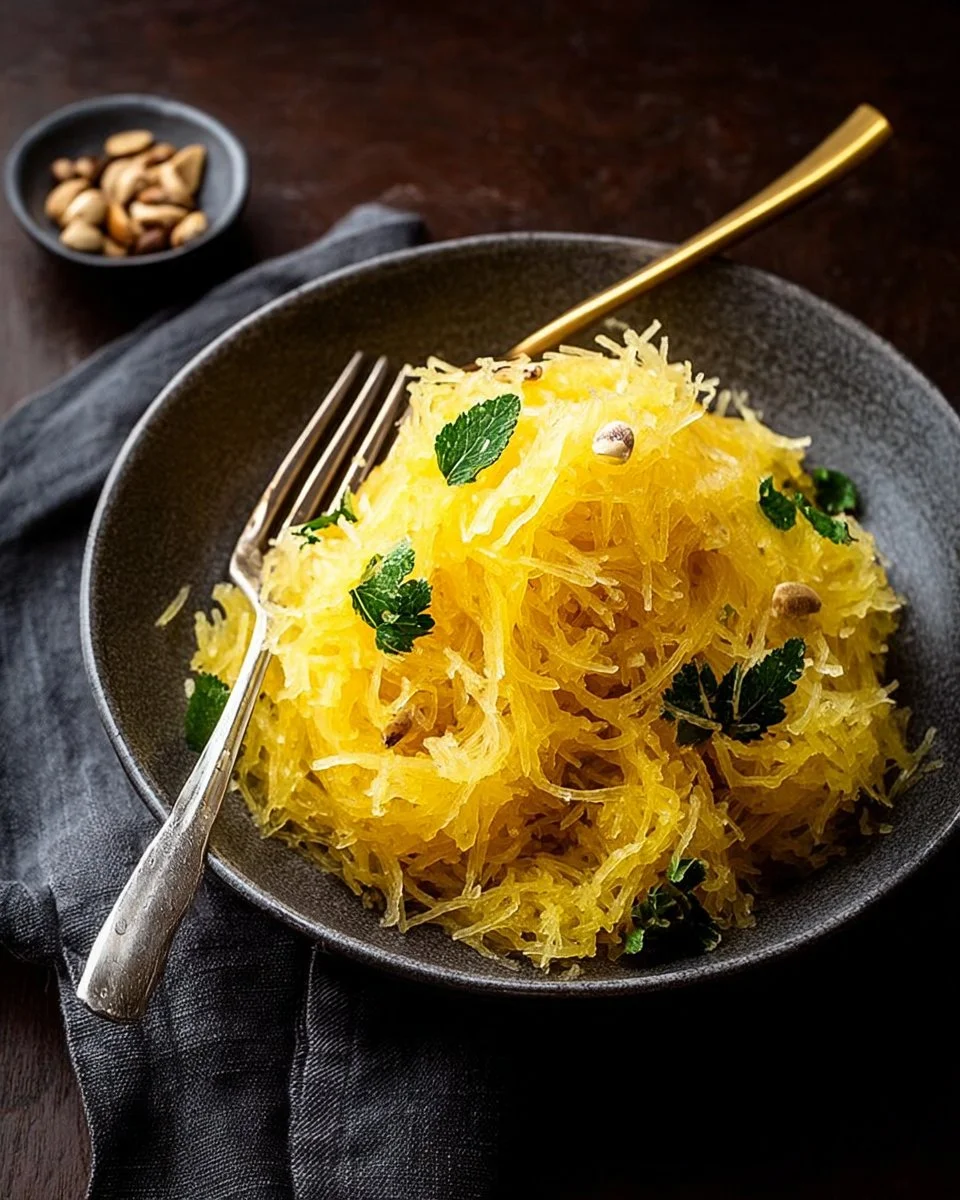 Cooked Instant Pot spaghetti squash served with sauce and herbs