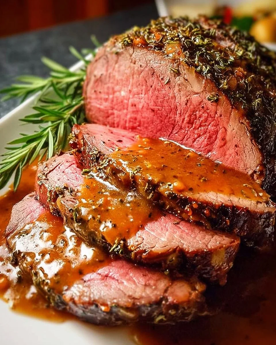 Plate of easy roast beef with gravy served with vegetables