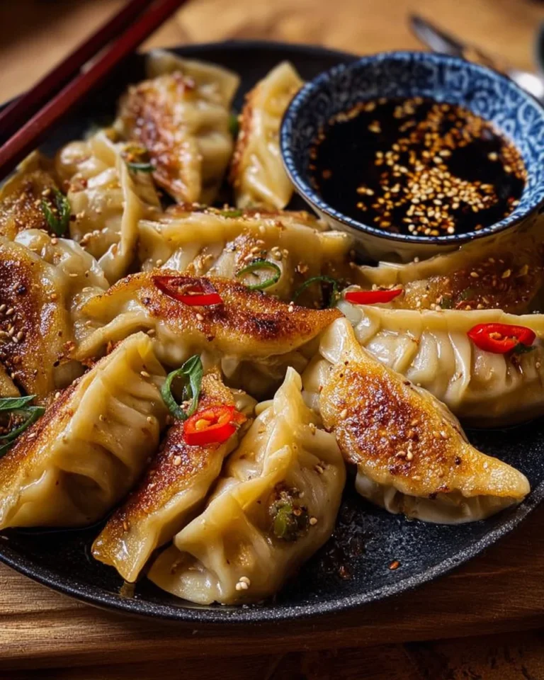 Plate of easy vegan potstickers, golden and crispy, served with dipping sauce.